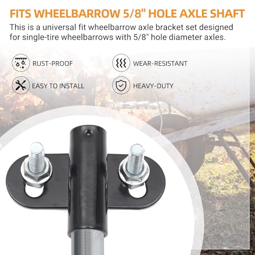 AR-PRO (1-Set) Heavy-Duty Wheelbarrow Axle Bracket Set - 10" x 0.63" Wheelbarrow Axle Shaft and 2.1" x 3.3" Brackets - Compatible with 5/8" Hole Wheelbarrow Axles - Includes Bolts Nuts, Nylon Spacers - size: 10 x 0.63" Axle+Brackets+Spacers