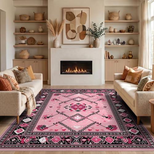 8'x10' Pink Black Heart Design Prayer Traditional Washable Area Rug - color: Pink/Pattern 1, size: 8' x 10' (Rectangular)