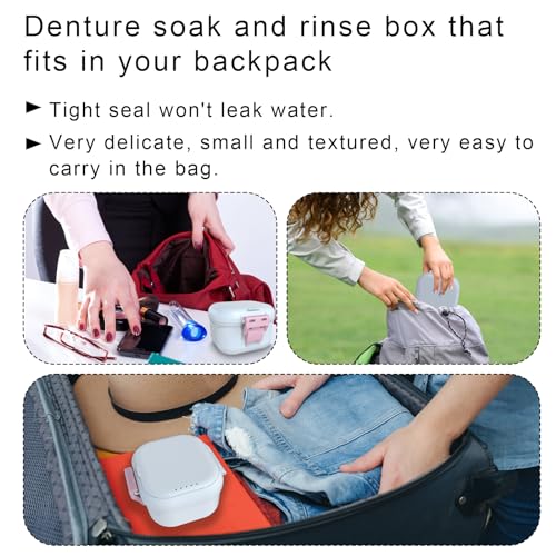 BVN Upgraded Leak Proof Denture Bath Cup with Strainer & Storage Compartment | Portable Soaking Case for Dentures, Braces and Travel Retainers - color: White+pink