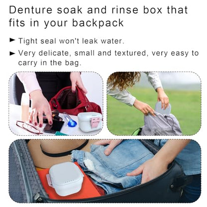BVN Upgraded Leak Proof Denture Bath Cup with Strainer & Storage Compartment | Portable Soaking Case for Dentures, Braces and Travel Retainers - color: White+pink