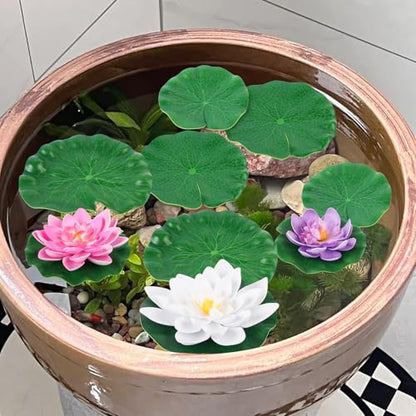9 Pcs Artificial Floating Foam Lotus Flowers with Plastic Lotus Leaves, Artificial Lily Pads for Pond, Pond Plants Ornaments for Garden Koi Fish Pool Aquarium Pool Wedding Decor