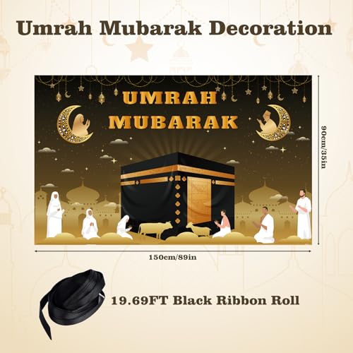 Umrah Mubarak Banner, 59×35 Inch Large Photo Booth Ramadan Mubarak Banner, Hajj Kaaba Background Ramadan Decorations for Home lslamic Muslim Eid Al-Fitr Party Favors (59 x 35 Inch) - size: 59 x 35 Inch