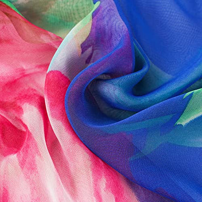 E-Clover Women Soft Floral Print Shawl Chiffon Sheer Scarf - color: Blue Pink Flower-01