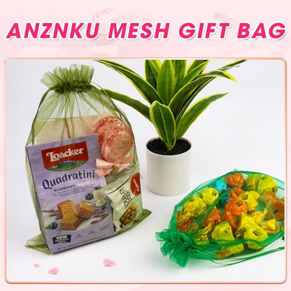 ANZNKU 100Pcs Large Organza Bags 8x12, Green Small Mesh Gift Bag Drawstring - color: Green