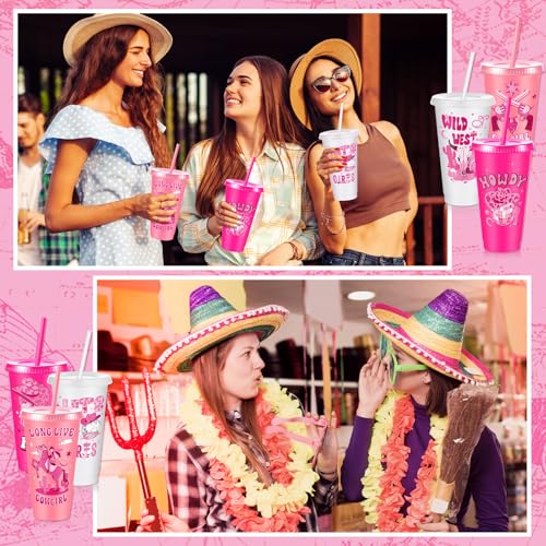 Chuangdi 12 Pcs Cowgirl Western Party Favors Pink Cowgirl Plastic Tumbler Reusable 24 oz Cups with Lids and Straws for Birthday Baby Shower Last Rodeo Party Supplies - style: Cowgirl