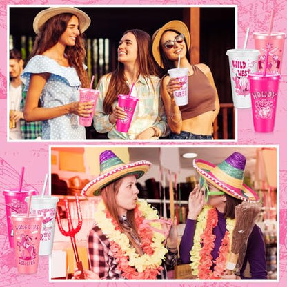 Chuangdi 12 Pcs Cowgirl Western Party Favors Pink Cowgirl Plastic Tumbler Reusable 24 oz Cups with Lids and Straws for Birthday Baby Shower Last Rodeo Party Supplies - style: Cowgirl