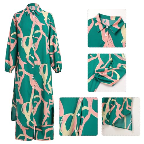 IDOPIP Abaya Dress for Women Muslim Set Long Sleeve Ramadan Islamic Dress Shirt with Pants 2PCS Dubai Prayer Casual Clothes - color: Green - Print, size: Medium