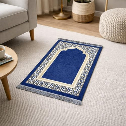 Modefa Turkish Islamic Prayer Mat - Thin Woven Chenille Sajjadah - Intricate Praying Rug Ramadan Eid Gift - Traditional Muslim Janamaz Sajada for Men Women - Geometric Selcuk Star (Royal Blue) - color: Royal Blue