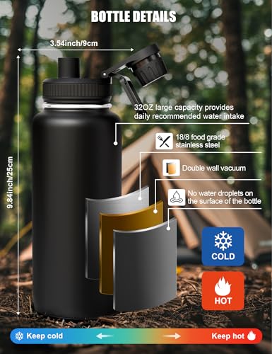 Tactical Water Bottle with Straw, 32 Oz Insulated Water Jug with Molle Water Bottle Holder, Stainless Steel Sport Bottle with 2 BPA Free Lids for Gym Workout Hiking (32oz-Black) - color: 32oz-Black
