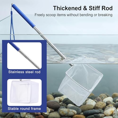 Aquarium Fish Net, 3.3 Inch Small Fish Nets with 8.7" to 39" Long Extendable Stainless Steel Handle & Small Soft Square Fine Mesh Fishs Net for Fishs Tank for Tank & Pond Food Residue Debris Skimming