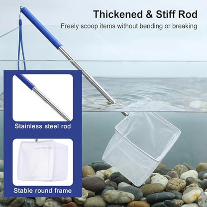 Aquarium Fish Net, 3.3 Inch Small Fish Nets with 8.7" to 39" Long Extendable Stainless Steel Handle & Small Soft Square Fine Mesh Fishs Net for Fishs Tank for Tank & Pond Food Residue Debris Skimming