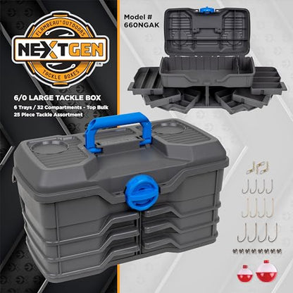 Flambeau Outdoors 660NGAK Next Gen 6/0 Large Fishing Tackle Box - 6 Pivot Trays, 32 Compartments, Includes 25-piece Tackle Kit, Fishing Tackle and Gear Storage, Fishing Lure Organizer, Dark Gray