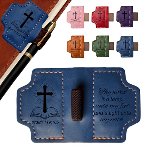 MOTEERLLU Bygone Mark Personalized Magnetic Leather Bookmark Pen Holder, Christian Gifts, Inspirational Bible Book Marks for Reading Women, Men, Teachers, Book Lover(Blue Psalm 119:105) - color: Blue, size: Psalm 119:105