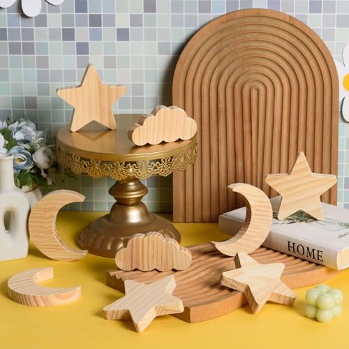AWIZOM 12 Pcs Wooden Moon Star and Cloud Cutout Unfinished Pine Sign Blocks