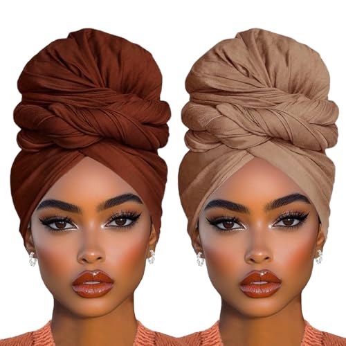 COOKOO 2 Piece Stretch African Women's Jersey Head Wrap Fashion Head Scarf Knit Turban Urban Headband Long Solid Color African Shawl Hair Scarfs Long Head Band for Women(Coffee+Camel) - color: Coffee+Camel