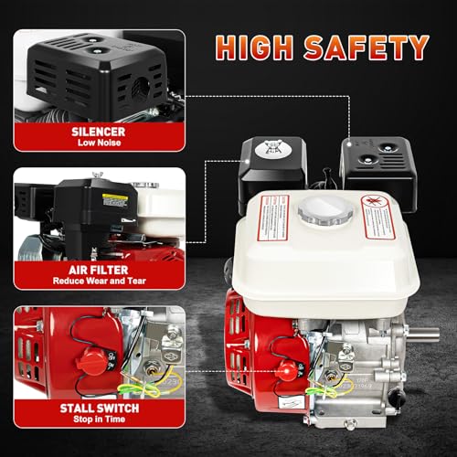 Gas Engine 4-Stroke 200cc 6.5HP, OHV Air Cooled Horizontal Motor 3600RPM, Pull Start Small Engine Power Unit, Single Cylinder Low Fuel Consumption Design, for Go Kart, Water Pump, Tiller, Cleaner