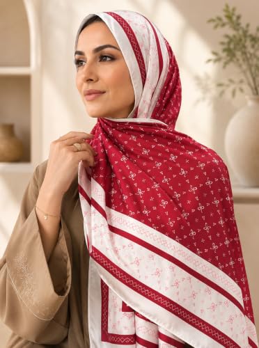 Satin Hijab Scarf for Women, Silk-Feeling Muslim Headscarf, Digital Bow Letter Print Head Wrap Shawl for Summer - color: Mlp004-red