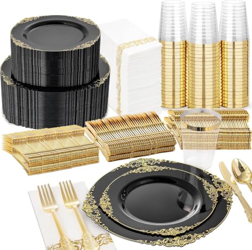 Nervure 350Pcs Black Plastic Plates, Plastic Dinnerware Set for 50 Guests - color: Black