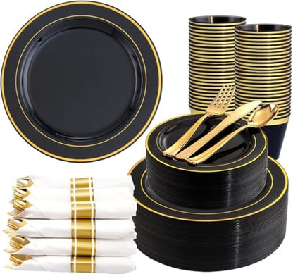 350 Pieces Black and Gold Plastic Plates with Disposable Silverware, Include 50 Dinner Plates 9”, 50 Dessert Plates 6.3”, 50 Black Cups 9 OZ, 50 Pre Rolled Napkins for Wedding/Party/Birthday - color: Black - Modern, size: 350