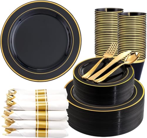350 Pieces Black and Gold Plastic Plates with Disposable Silverware, Include 50 Dinner Plates 9”, 50 Dessert Plates 6.3”, 50 Black Cups 9 OZ, 50 Pre Rolled Napkins for Wedding/Party/Birthday/Halloween - color: Black - Modern, size: 350