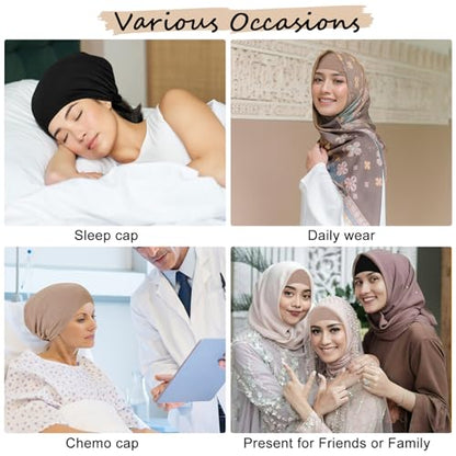 XEPST 2 PCS Hijab Undercap for Women, Satin Undercap for Hijab Islamic Muslim Under Hijabcap Modal Head Wraps Tie Back Bonnet Inner Head Scarf Turbans for Women Chemo Hat Sleep Cap, Black+Khaki