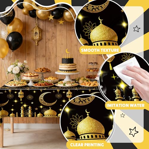 Eid Mubarak Tablecloth Ramadan Decorations for Table Ramadan Mubarak Table Cover for Eid Al-fitr Muslim Islam Party Decor Sign 54 x 108 Inch Black & White