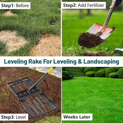 BsBsBest Lawn Leveling Rake, 26"x 25" Heavy Duty Lawn Leveler 5FT Adjustable Peat Moss Spreader Dirt Ground Level Tool for Yard Garden Golf Course Farm Pasture