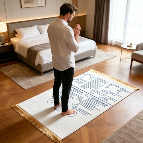 Bilingual Guided Prayer Mat with English Reading & Arabic Recitation Guide, Non-Slip Salah Prayer Mat with Instructions for Prayer Learning, Meditation (White, 80x120cm)