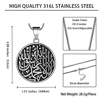 Hipunk Men Islamic Pendant Necklace - Muslim Allah Necklace Allah Necklace Mens Muslim Islam Pendant 316L Stainless Steel Islamic Arabic Gift Black Gun/18K Gold Plated Islam Jewelry SP0049 - color: steel