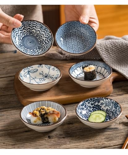 6 Pack 3 oz Small Soy Sauce Dish Ceramic Dipping Sauce Bowls | Japanese Style/Cute/Mini Dipping Bowls for Sushi,Side Dish,Ketchup,Dips,Condiment,Snack/BBQ Party/Stackable - color: cyan blue