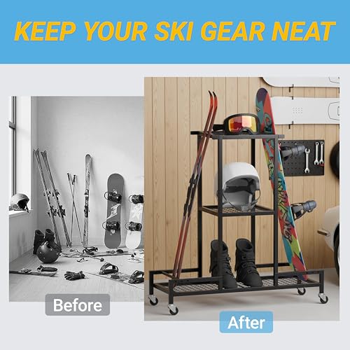Standing Ski Storage Rack | Holds Snowboards & Skis, 3-Tier Organizer for Gear, Black - Ski Rack for Garage with Anti-Slipmat - style: with Anti-Slipmat