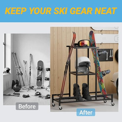 Standing Ski Storage Rack | Holds Snowboards & Skis, 3-Tier Organizer for Gear, Black - Ski Rack for Garage with Anti-Slipmat - style: with Anti-Slipmat
