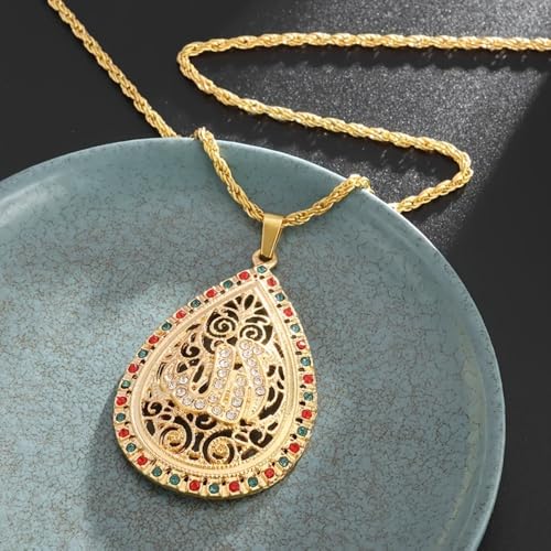 Teardrop Necklace for Women with Zircon & Allah Quran Pendant | Religious Amulet Jewelry, Islamic Muslim, Engraved Patterns