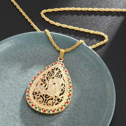 Teardrop Necklace for Women with Zircon & Allah Quran Pendant | Religious Amulet Jewelry, Islamic Muslim, Engraved Patterns
