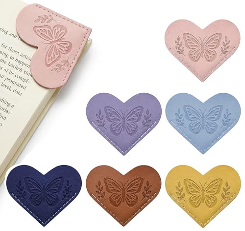 Leather Heart Bookmarks for Women - 6 Pcs Butterfly Embossed Corner Page Bookmarks, Cute Book Marks for Book Reading Lovers Teachers Students, Stocking Stuffers for Women - color: Blush Pink