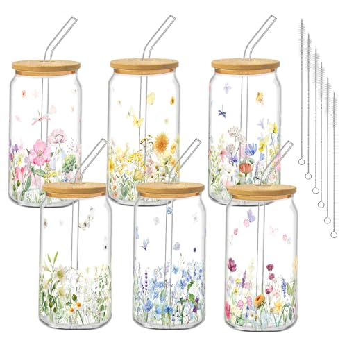 Glass Cups with Lids and Straws, 6Pcs, 16oz, Wildflower | Floral Spring Garden Cute Coquette Drinking Glasses Straws Tumbler for Women Girls Friend Bridesmaid Birthday Party Gifts - style: Wildflower