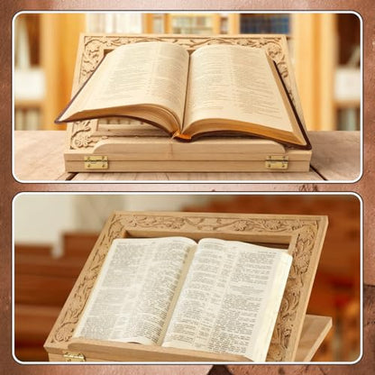 DoubleFill Adjustable Wooden Bible Stand Carved Bible Holder Missal Stand Book Display for Reading Folding Religious Prayer Wooden Holy Book Holder 12.99 x 10.04 Inches (Light Brown) - color: Light Brown