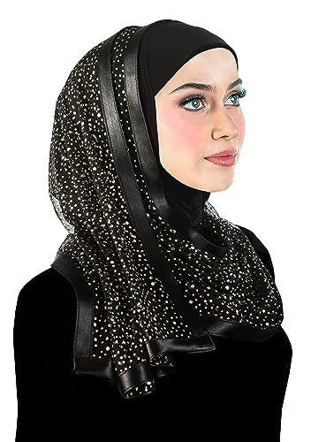 Stylish Mona Hijab Women's Black Kuwaiti with Chiffon Wrap Shawl & Satin Trim - color: Black With Gold Dots