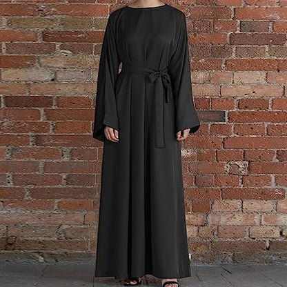 Ctreela Abaya Muslim Dresses for Women Girls Pockets Islamic Prayer Clothes with Tie Waist Ramadan Tarawih Sawm Outfits - color: Black, size: Small