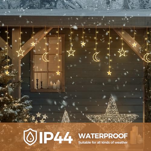 Ramadan Solar Icicle Lights,10.8ft 138 LED Outdoor Waterproof Moons Stars Curtain Window String with 8 Modes Timer Remote,USB Rechargeable Connectable Warm White Hanging Decor for Patio
