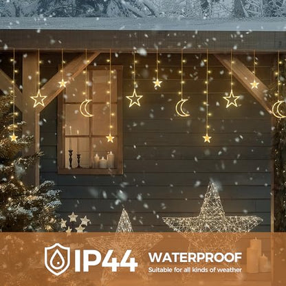 Ramadan Solar Icicle Lights,10.8ft 138 LED Outdoor Waterproof Moons Stars Curtain Window String with 8 Modes Timer Remote,USB Rechargeable Connectable Warm White Hanging Decor for Patio