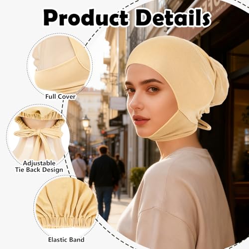 XEPST 3 PCS Hijab Undercap for Women, Islamic Muslim Full Cover Under Hijabcap Milk Silk Fabric Hijab Underscarf Solid Color Adjustable Tie Back Inner Head Scarf Turbans for Women Chemo Cap, C