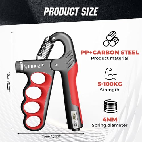 Adjustable Hand Grip Trainer with Electronic Counting, 2025 New Grip Strength Trainer 5-100KG/11-220LB Adjustable Hand Gripper Strengthener Forearm Exerciser for Adults Training Strength - color: Red