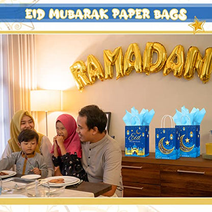 Censen 16 Sets Eid Mubarak Gift Bags with Tissue Paper, Ramadan Goodies Bags for Ramadan Party Supplies Favor (Blue) - color: Blue