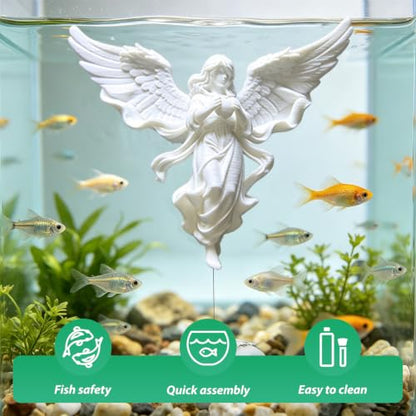 Floating Fish Tank Decorations,Aquarium Angel Decor - White Angel Ornament with Simulated Stone Weight,Betta Fish Tank Decorations,Cool Aquarium Decor for Beginner Fish Tanks