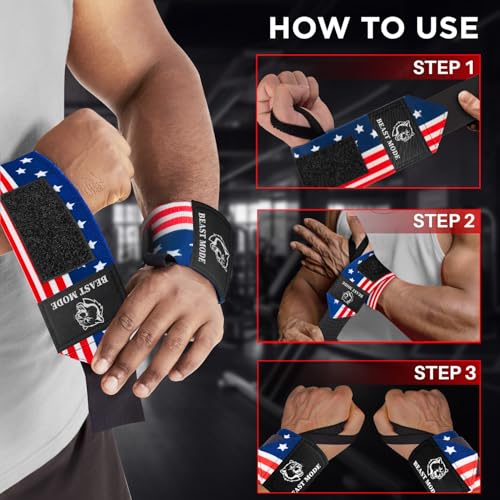 TECEUM Weightlifting 18" & 12" Wrist Wraps with Thumb Loop – Heavy Duty Wrist Workout Braces for Men and Women – Ideal for Powerlifting, Strength Training, Bodybuilding - color: US Flag, style: 18" – Beast Mode