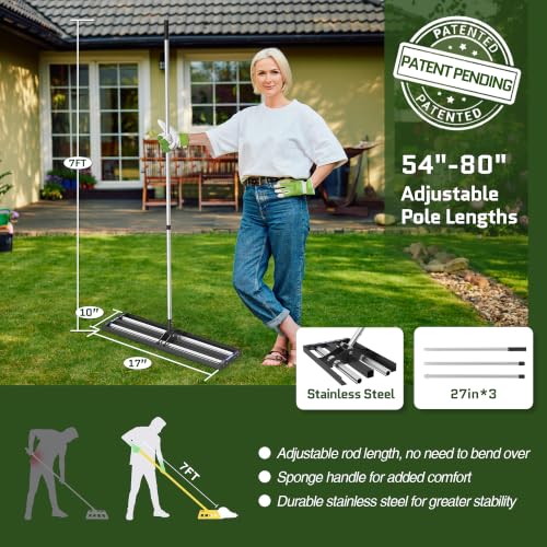 Updated Lawn Leveling Rake 17"x10", Lawn Leveler with Aluminum Rollers | Yard Leveling Rake Stainless Steel with 27-80" Adjustable Handle, Heavy-Duty Lawn Rake Suit for Garden, Golf Lawn, Farm - size: 17''x10'' With Roller (Black)