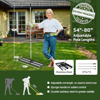 Updated Lawn Leveling Rake 17"x10", Lawn Leveler with Aluminum Rollers | Yard Leveling Rake Stainless Steel with 27-80" Adjustable Handle, Heavy-Duty Lawn Rake Suit for Garden, Golf Lawn, Farm - size: 17''x10'' With Roller (Black)