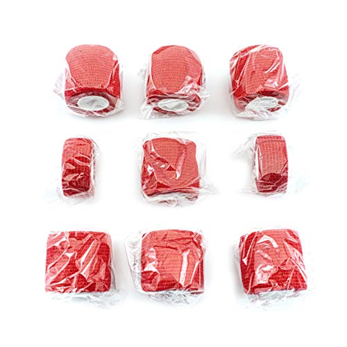 FRESINIDER 9 Rolls Self Adhesive Wrap Athletic Tape Gauze, Breathable Elastic Cohesive Bandage for Sports Injury & Pet (7 Pcs 2" x 5 Yards + 2 Pcs 1" X 5 Yards) (Red) - color: Red