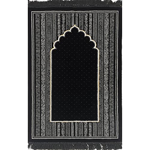 Modefa Islamic Prayer Rug - Double Plush Large & Wide Velvet Carpet - Traditional Muslim Janamaz - Thick Turkish Prayer Mat for Men & Women- Ramadan or Eid Gift - Tribal (Mihrab Black)